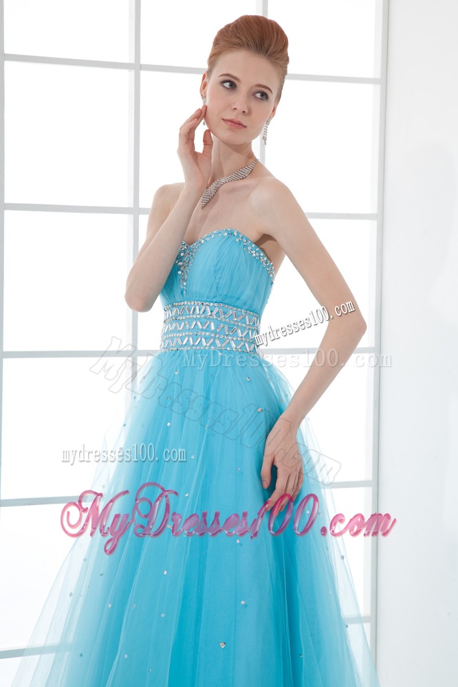 2016 Tulle A-line Sweathert Beading Baby Blue Belt Evening Dress