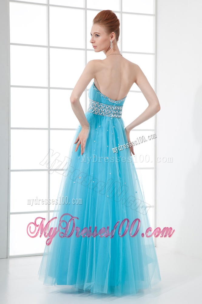 2016 Tulle A-line Sweathert Beading Baby Blue Belt Evening Dress