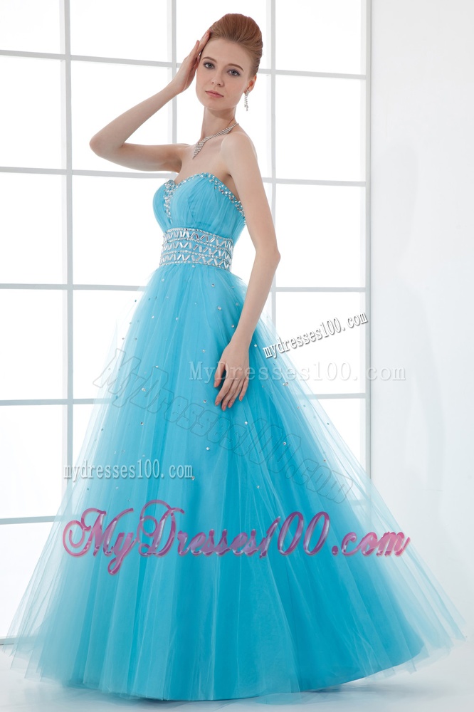2016 Tulle A-line Sweathert Beading Baby Blue Belt Evening Dress