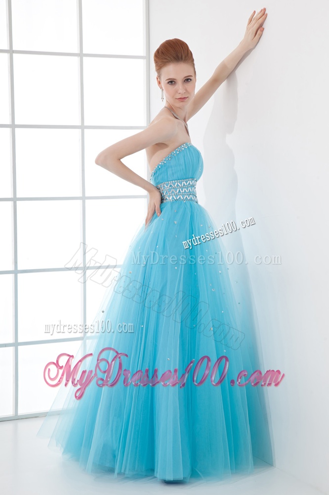 2016 Tulle A-line Sweathert Beading Baby Blue Belt Evening Dress