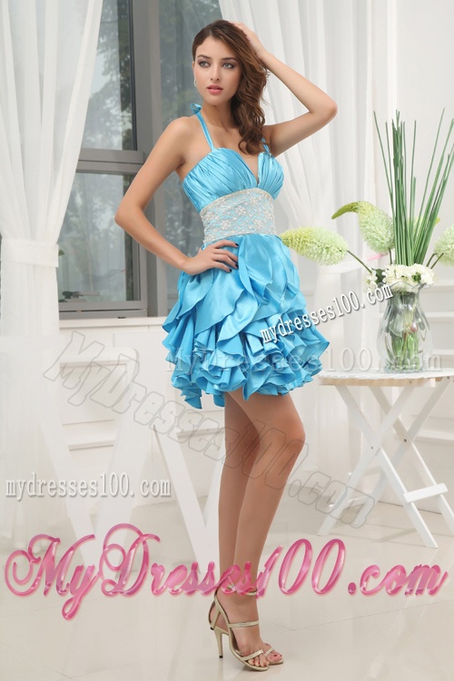 A-line Aqua Blue Halter Top Ruching Ruffles Lace Evening Dress