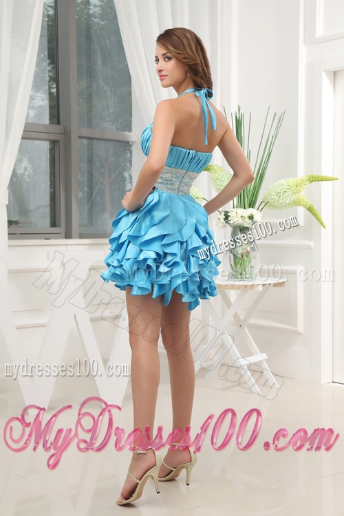 A-line Aqua Blue Halter Top Ruching Ruffles Lace Evening Dress