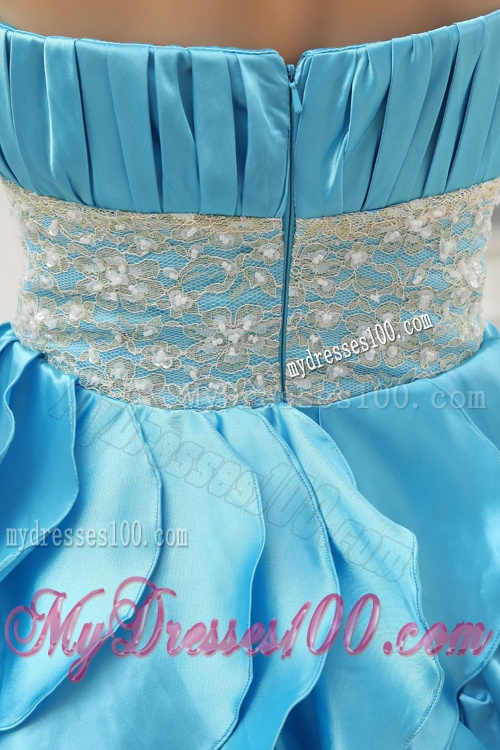 A-line Aqua Blue Halter Top Ruching Ruffles Lace Evening Dress