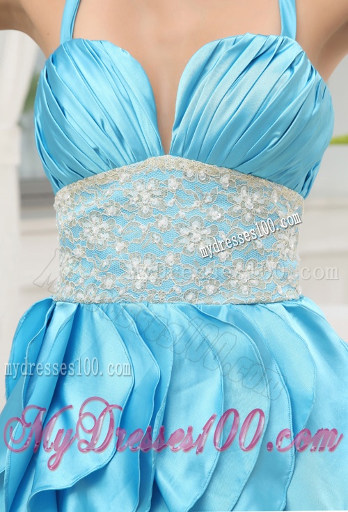 A-line Aqua Blue Halter Top Ruching Ruffles Lace Evening Dress