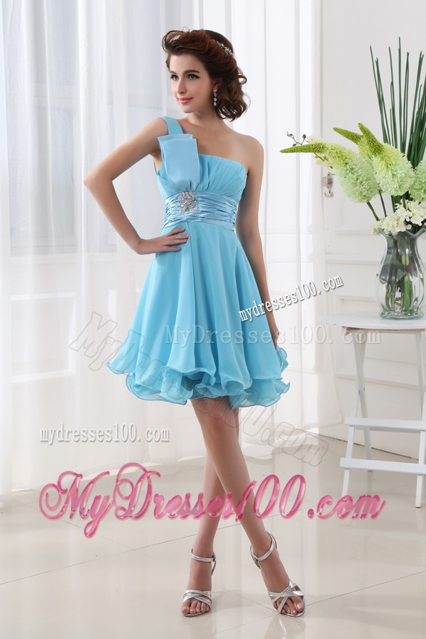A-line Aqua blue One Shoulder Beading and Ruching Chiffon Evening Dress