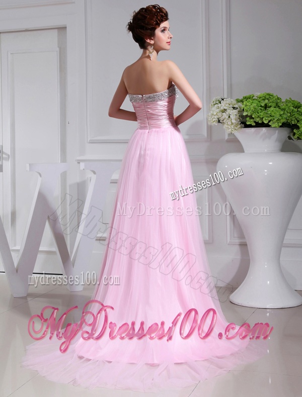 A-line Brush Train Beading Tulle Strapless Baby Pink Evening Dress