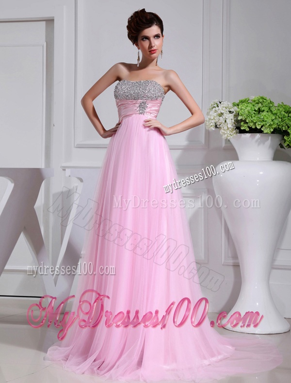 A-line Brush Train Beading Tulle Strapless Baby Pink Evening Dress