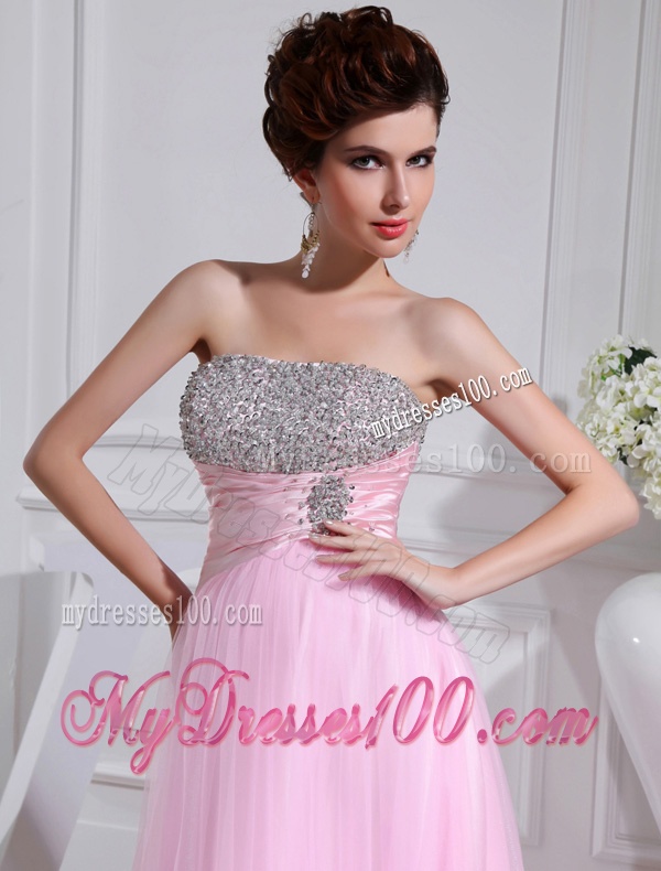 A-line Brush Train Beading Tulle Strapless Baby Pink Evening Dress