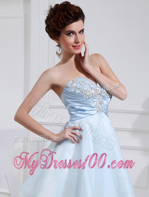 A-line Chiffon Aqqliques Strapless Light Blue Sweatheart Evening Dress