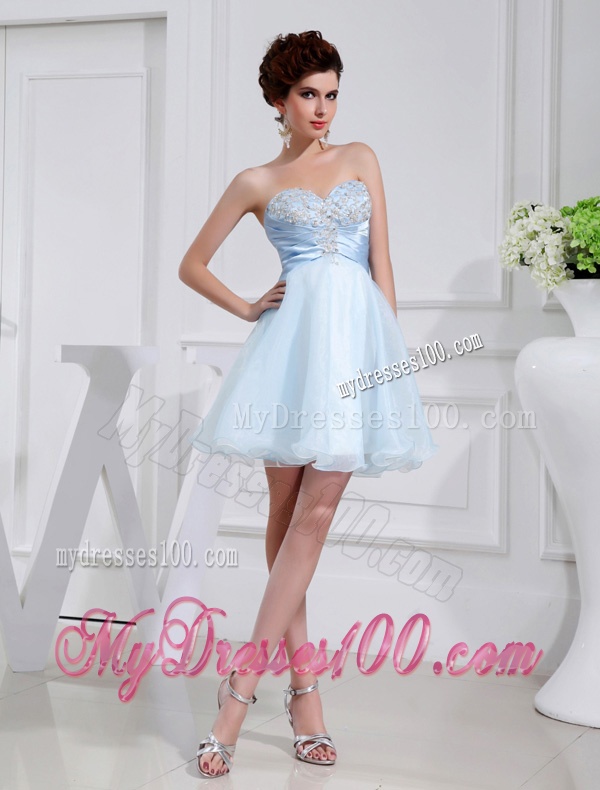 A-line Chiffon Aqqliques Strapless Light Blue Sweatheart Evening Dress