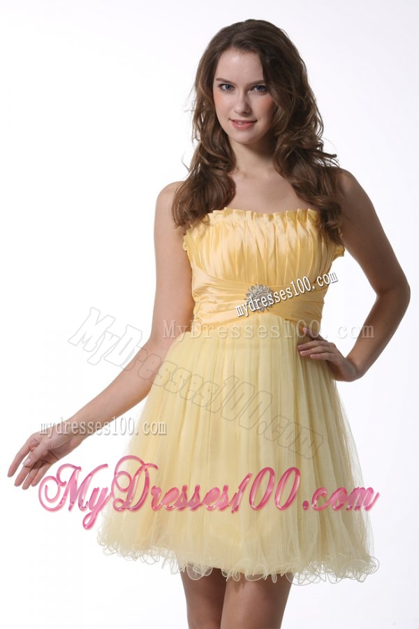 A-line Light Yellow Strapless Evening Dress with Ruching Mini-length