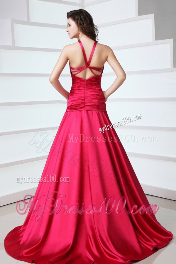 A-line Red Halter Top Neck Beading Evening Dress with Court Train