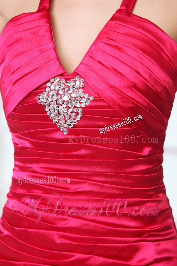 A-line Red Halter Top Neck Beading Evening Dress with Court Train