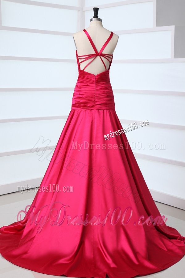A-line Red Halter Top Neck Beading Evening Dress with Court Train