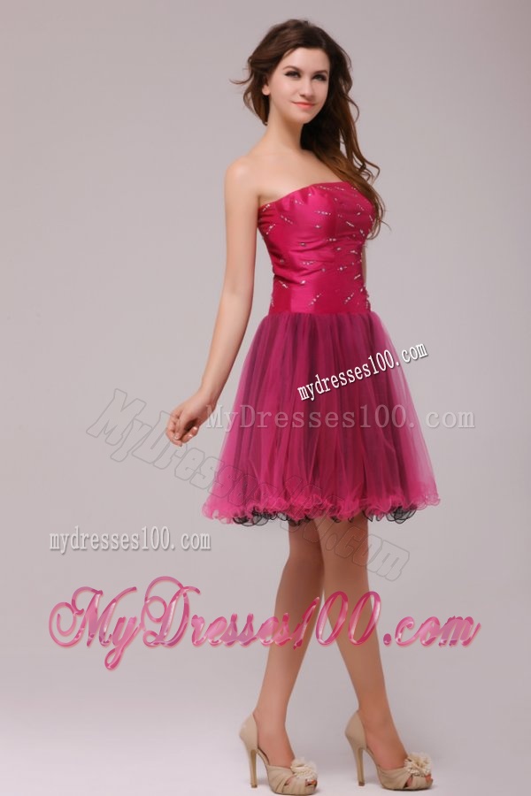 A-line Strapless Beading Organza Fuchsia Evening Dress