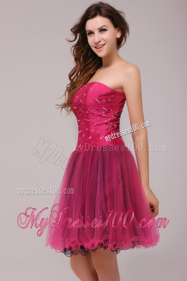 A-line Strapless Beading Organza Fuchsia Evening Dress