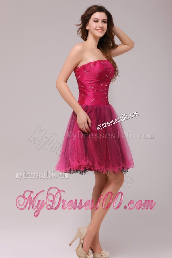 A-line Strapless Beading Organza Fuchsia Evening Dress