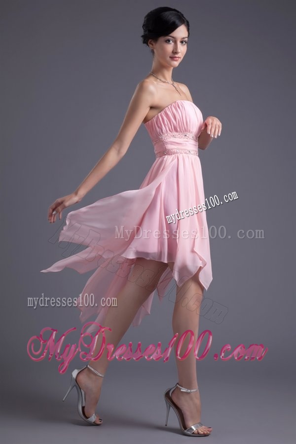 A-line Strapless High-low Pink Beading Chiffon Evening Dress