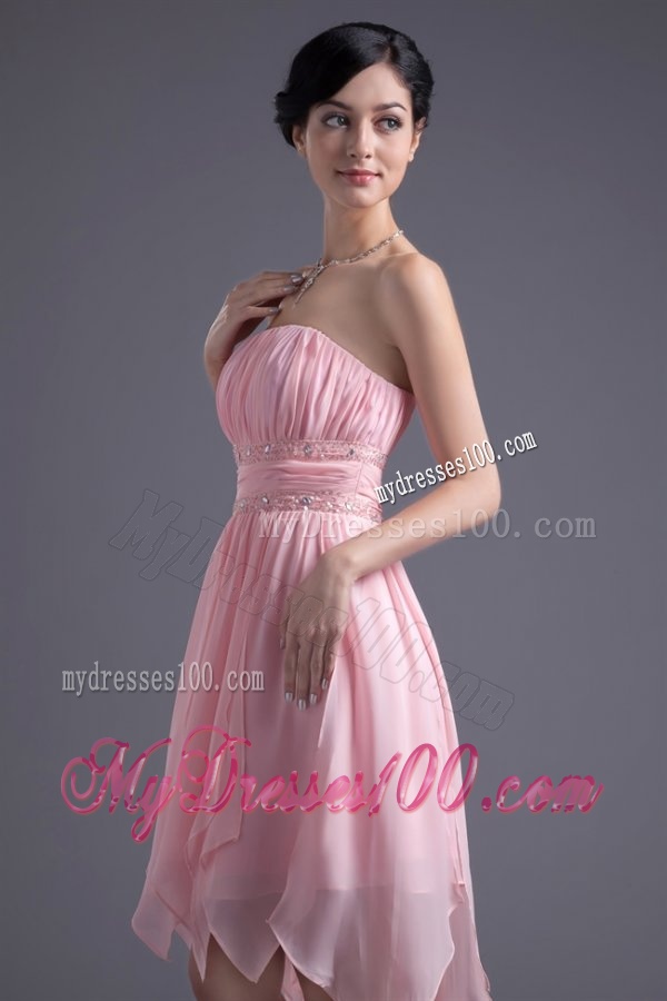 A-line Strapless High-low Pink Beading Chiffon Evening Dress