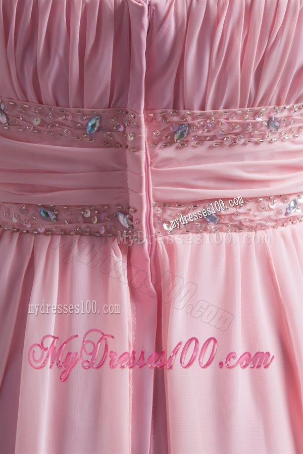 A-line Strapless High-low Pink Beading Chiffon Evening Dress
