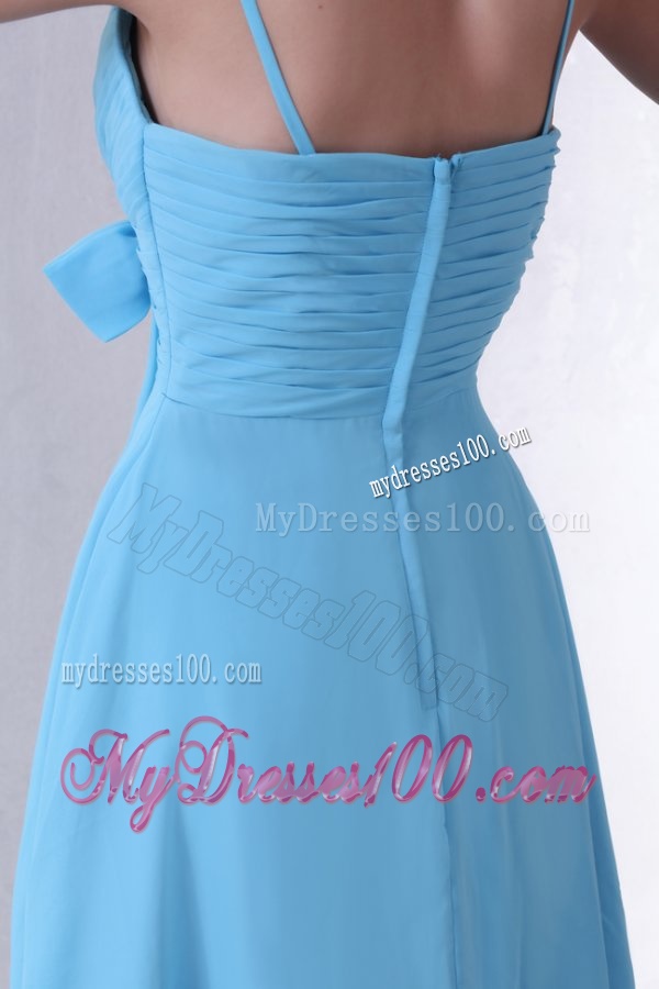 Aqua Blue A-line Spaghetti Straps Knee-length Evening Dress with Sash