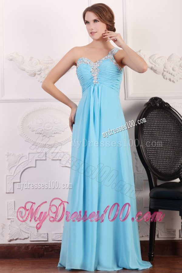 Aqua Blue One Shoulder Empire Chiffon Beaded Decorate Evening Dress