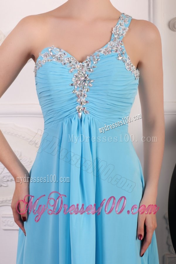 Aqua Blue One Shoulder Empire Chiffon Beaded Decorate Evening Dress
