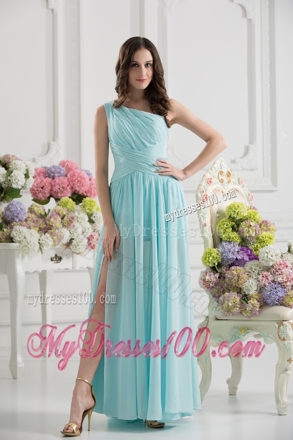 Aqua Blue One Shoulder Ruching Ankle-length Evening Dress