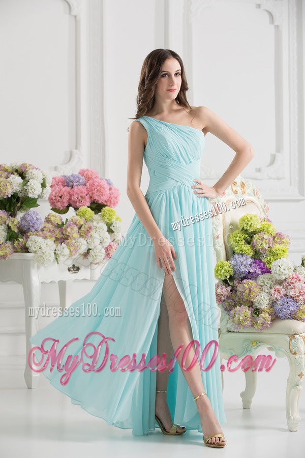 Aqua Blue One Shoulder Ruching Ankle-length Evening Dress