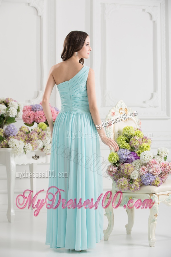 Aqua Blue One Shoulder Ruching Ankle-length Evening Dress