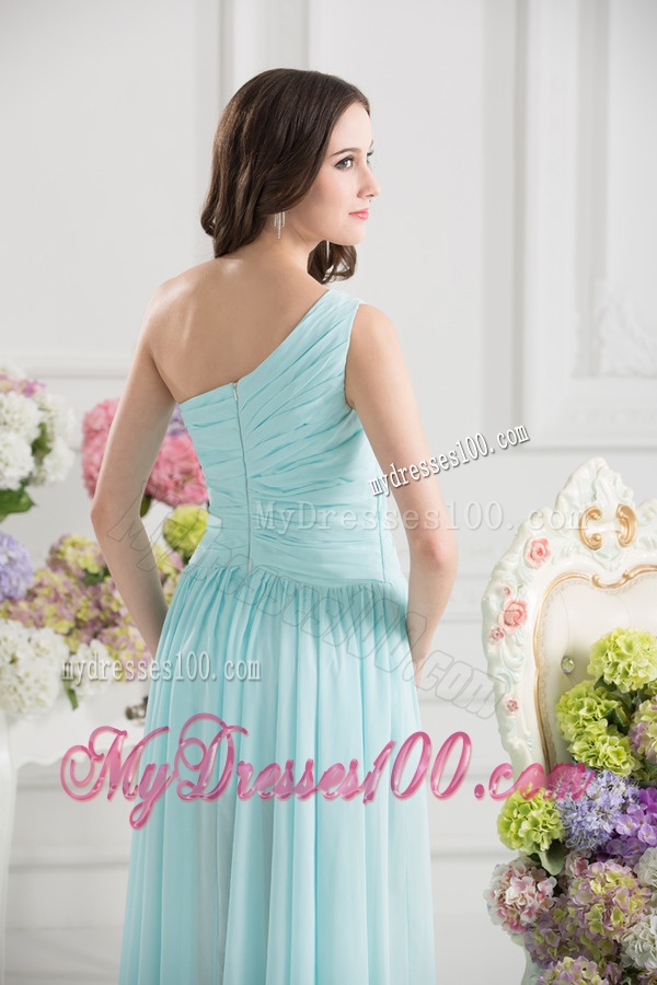 Aqua Blue One Shoulder Ruching Ankle-length Evening Dress