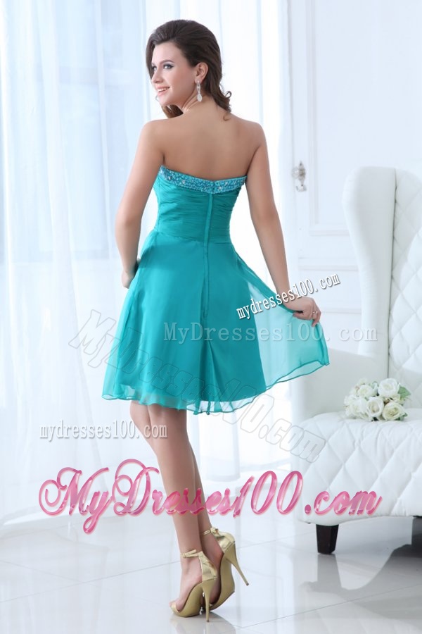 Aqua Blue Sweetheart Beaded Evening Dress with Knee-length