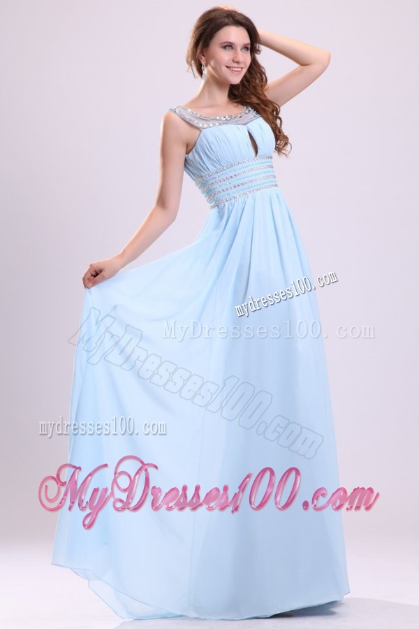 Baby Blue Empire Beading Scoop Floor-length Chiffon Evening Dress with Side Zipper