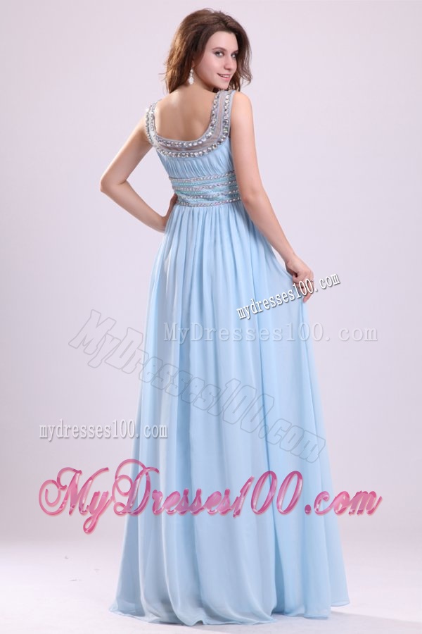 Baby Blue Empire Beading Scoop Floor-length Chiffon Evening Dress with Side Zipper