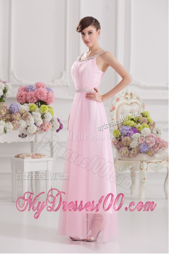 Baby Pink Straps Empire Tulle with Beading Evening Dress