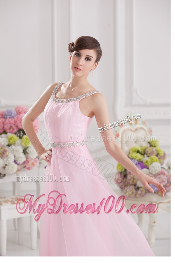 Baby Pink Straps Empire Tulle with Beading Evening Dress