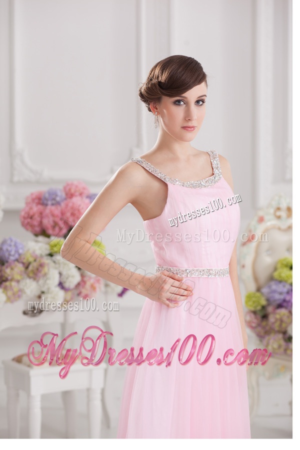 Baby Pink Straps Empire Tulle with Beading Evening Dress
