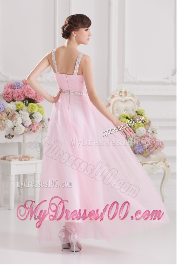 Baby Pink Straps Empire Tulle with Beading Evening Dress