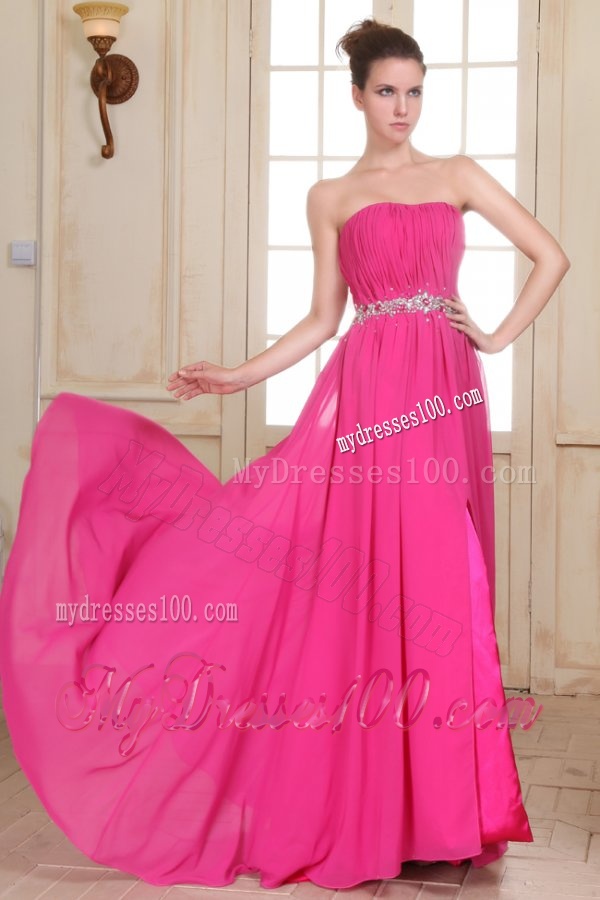 Beaded Decorate Waist Strapless Chiffon Empire Evening Dress with Silt