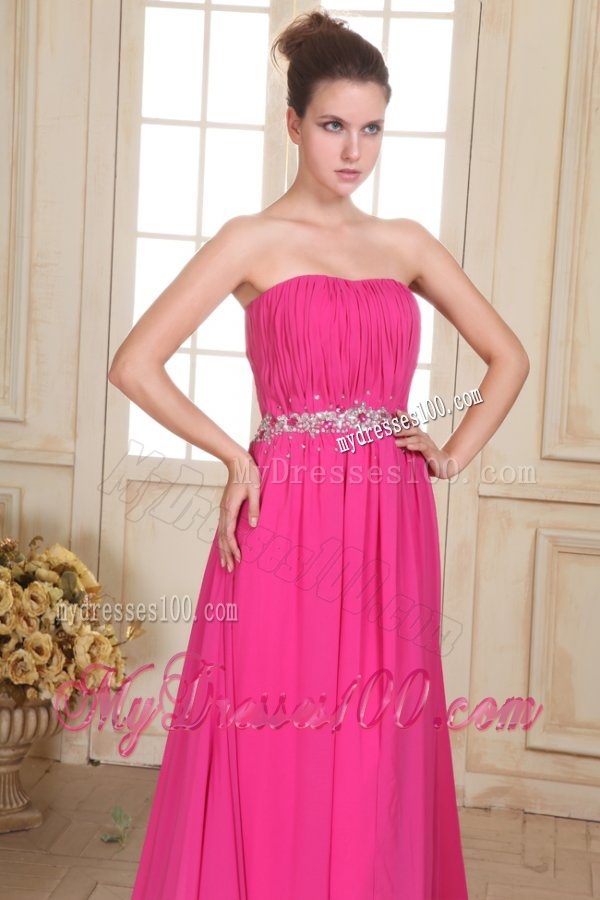 Beaded Decorate Waist Strapless Chiffon Empire Evening Dress with Silt