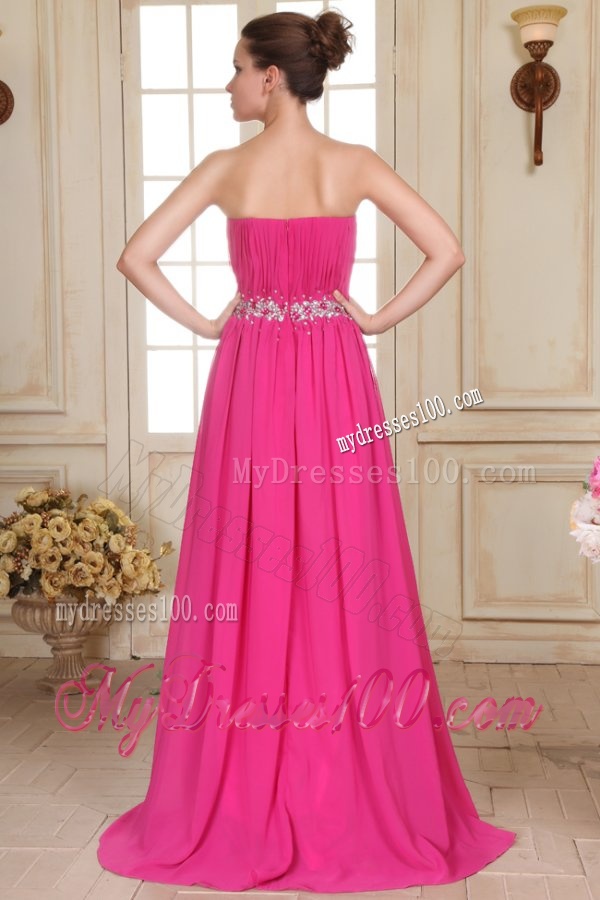 Beaded Decorate Waist Strapless Chiffon Empire Evening Dress with Silt