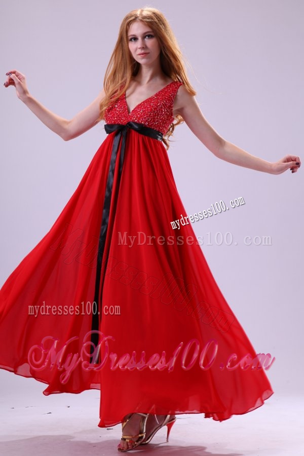 Beading Ankle-length V-neck Chiffon 2016 Evening Dress in Red
