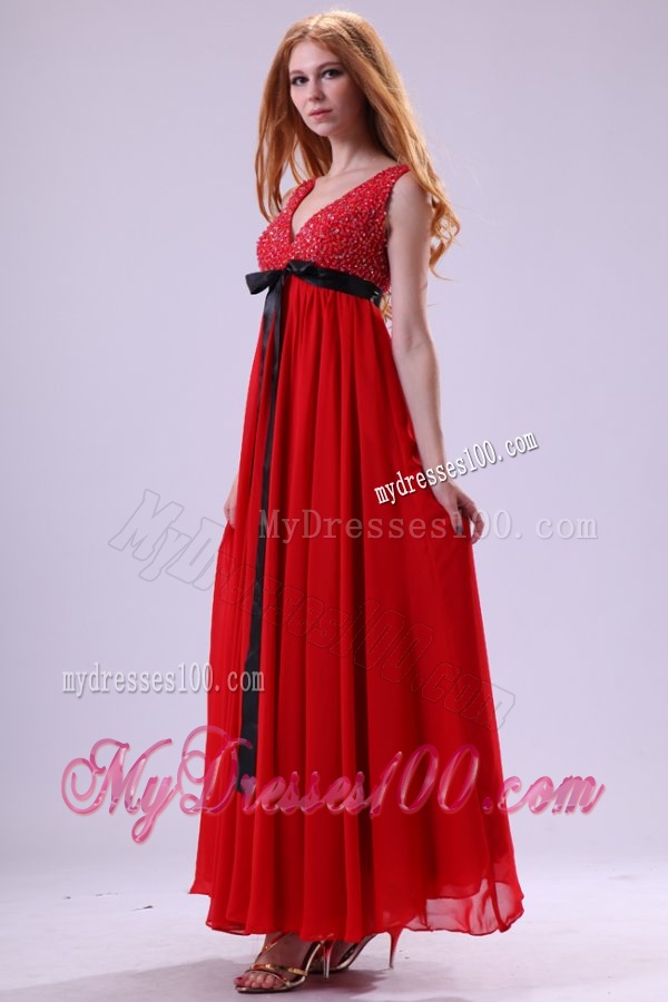 Beading Ankle-length V-neck Chiffon 2016 Evening Dress in Red