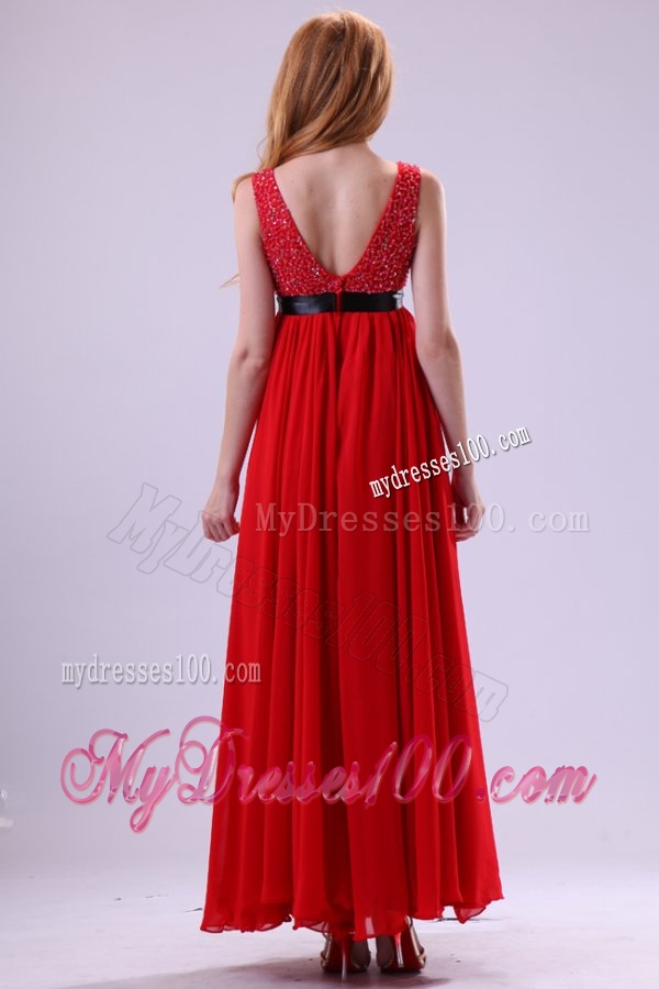 Beading Ankle-length V-neck Chiffon 2016 Evening Dress in Red