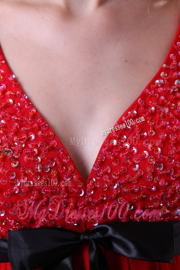 Beading Ankle-length V-neck Chiffon 2016 Evening Dress in Red