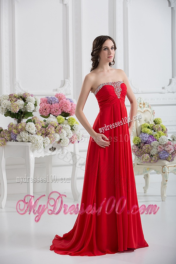 Beautiful Strapless Empire Beading Ruching Evening Dress in Red