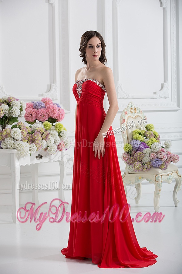 Beautiful Strapless Empire Beading Ruching Evening Dress in Red