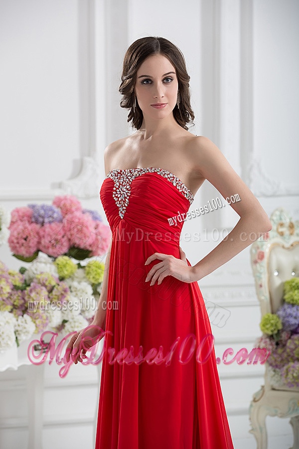 Beautiful Strapless Empire Beading Ruching Evening Dress in Red