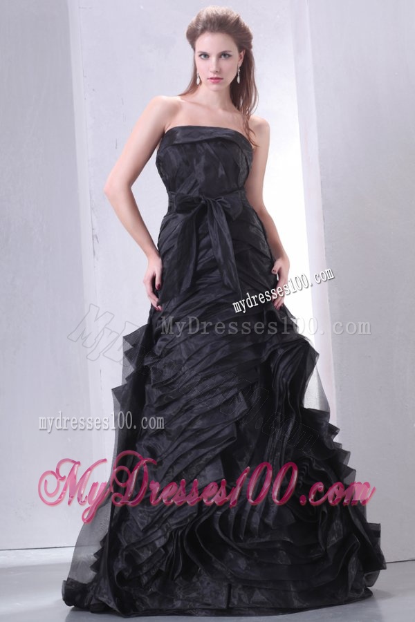 Black A-line Strapless Evening Dress with Layers and Sash
