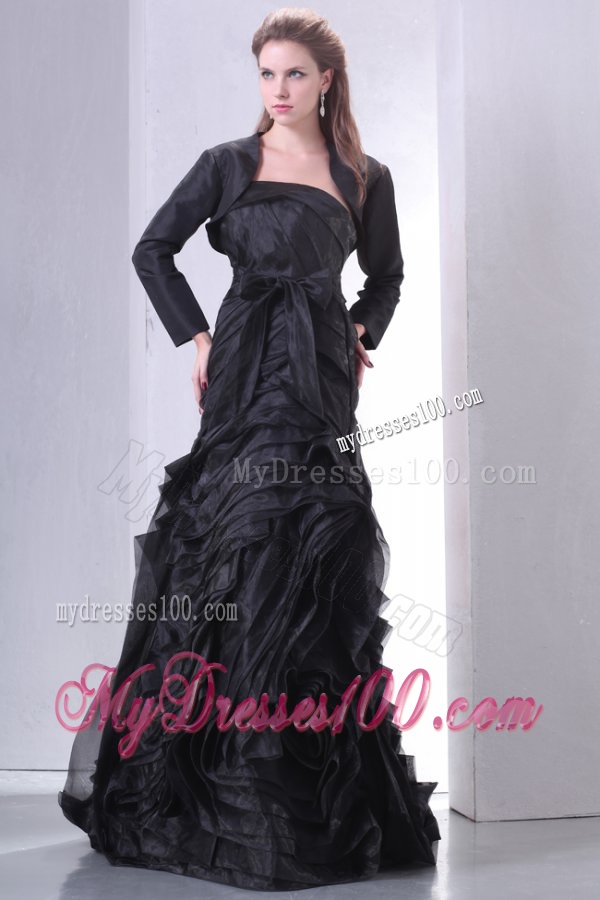 Black A-line Strapless Evening Dress with Layers and Sash
